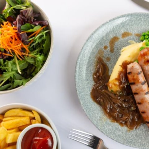 Pork Sausages and Mashed Potato, House Salad and Chips