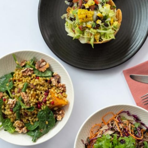 Haricot Bean & Freekeh Salad, Mexican Salad in crispy Taco bowl