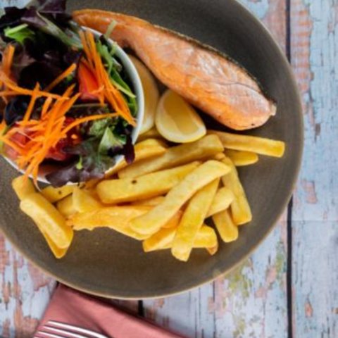 Crispy Pan Fried Salmon with chips and house salad