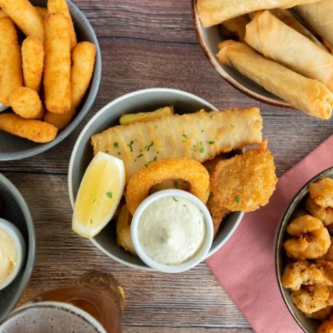 Seafood Basket, Halloumi Chips, Spring Rolls